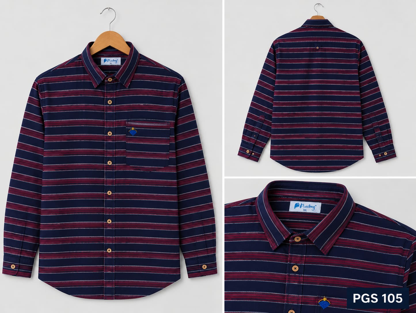 NAVY BLUE & MAROON HORIZONTAL STRIPE FULL SLEEVE COTTON SHIRT (PGS-105)