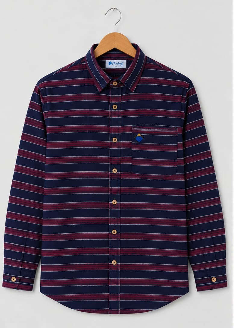 NAVY BLUE & MAROON HORIZONTAL STRIPE FULL SLEEVE COTTON SHIRT (PGS-105)