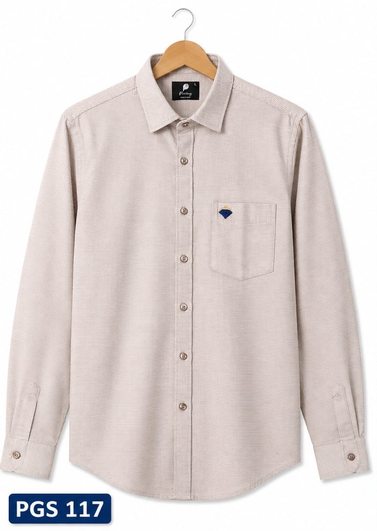 LIGHT BEIGE  TEXTURED FULL SLEEVE COTTON DOBBY CASUAL SHIRT (PGS-117)