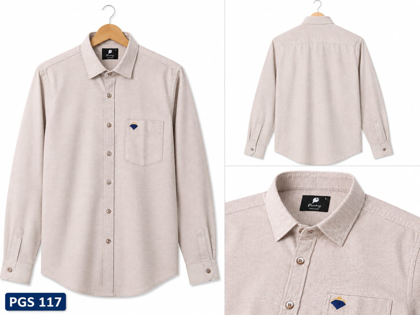 LIGHT BEIGE  TEXTURED FULL SLEEVE COTTON DOBBY CASUAL SHIRT (PGS-117)