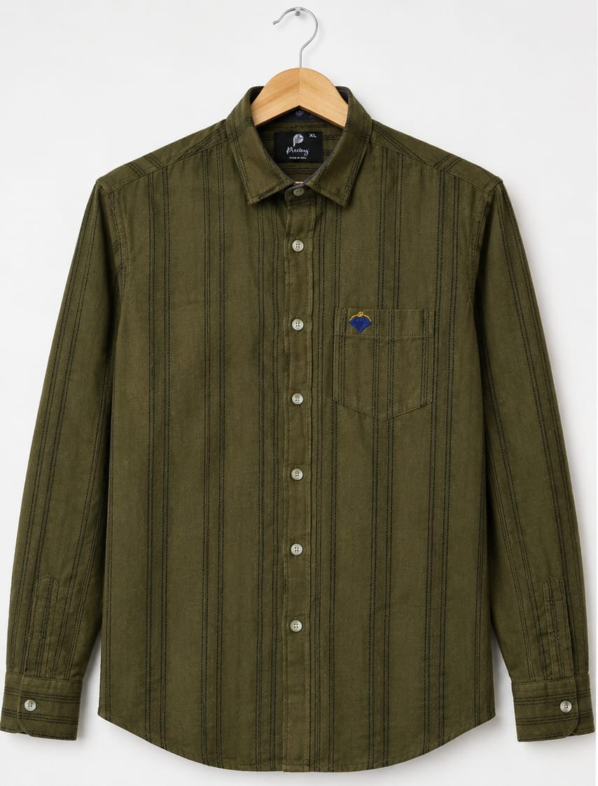 Men’s Olive Green Striped Casual Cotton Shirt  (PGS-133)