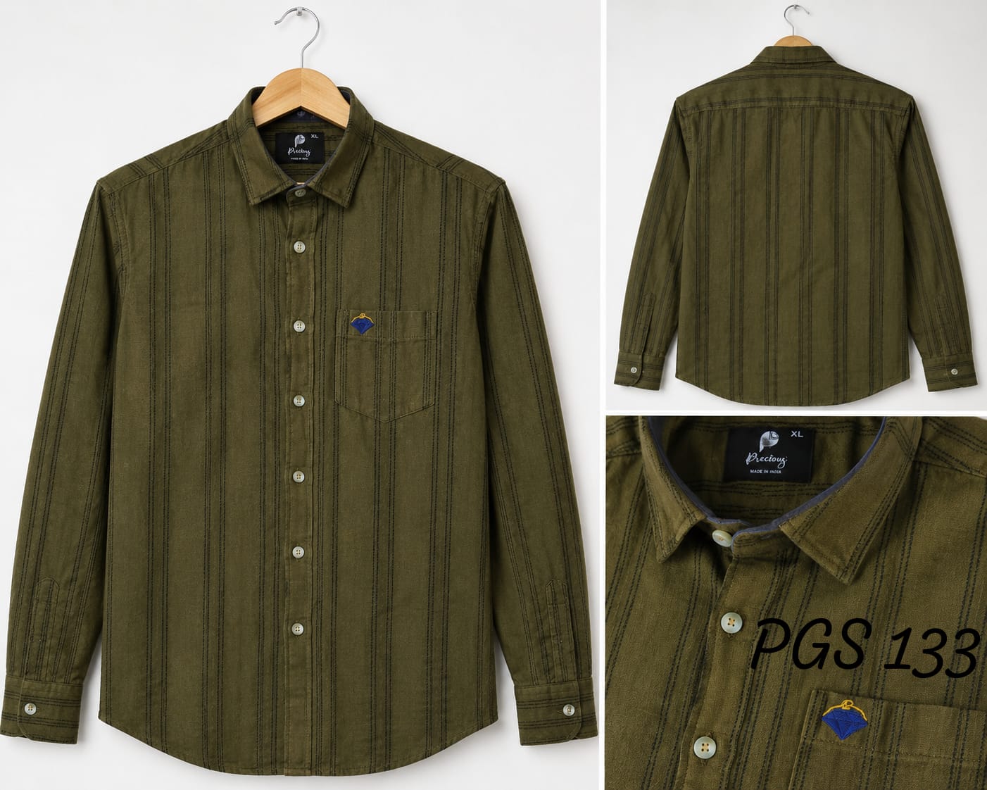 Men’s Olive Green Striped Casual Cotton Shirt  (PGS-133)